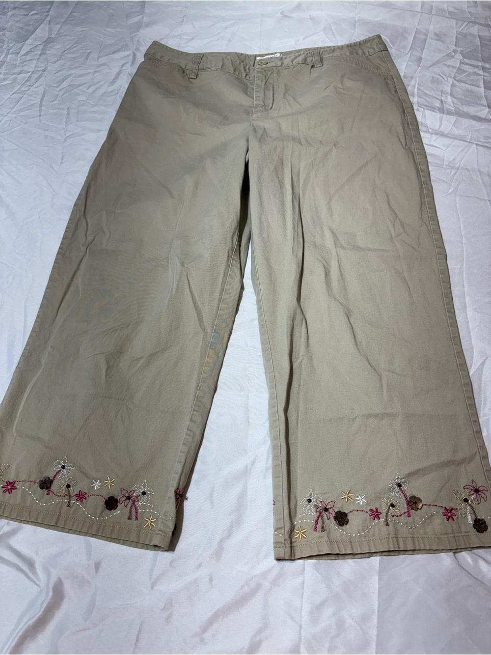 Christopher & Banks Khaki Palm Tree Embroidered Hem Capris 12